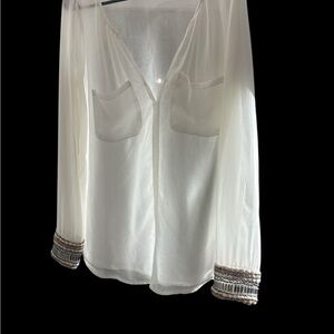 Zara Sheer Cream Blouse with Embellished Cuffs Boho Chic Casual Beaded sheer top